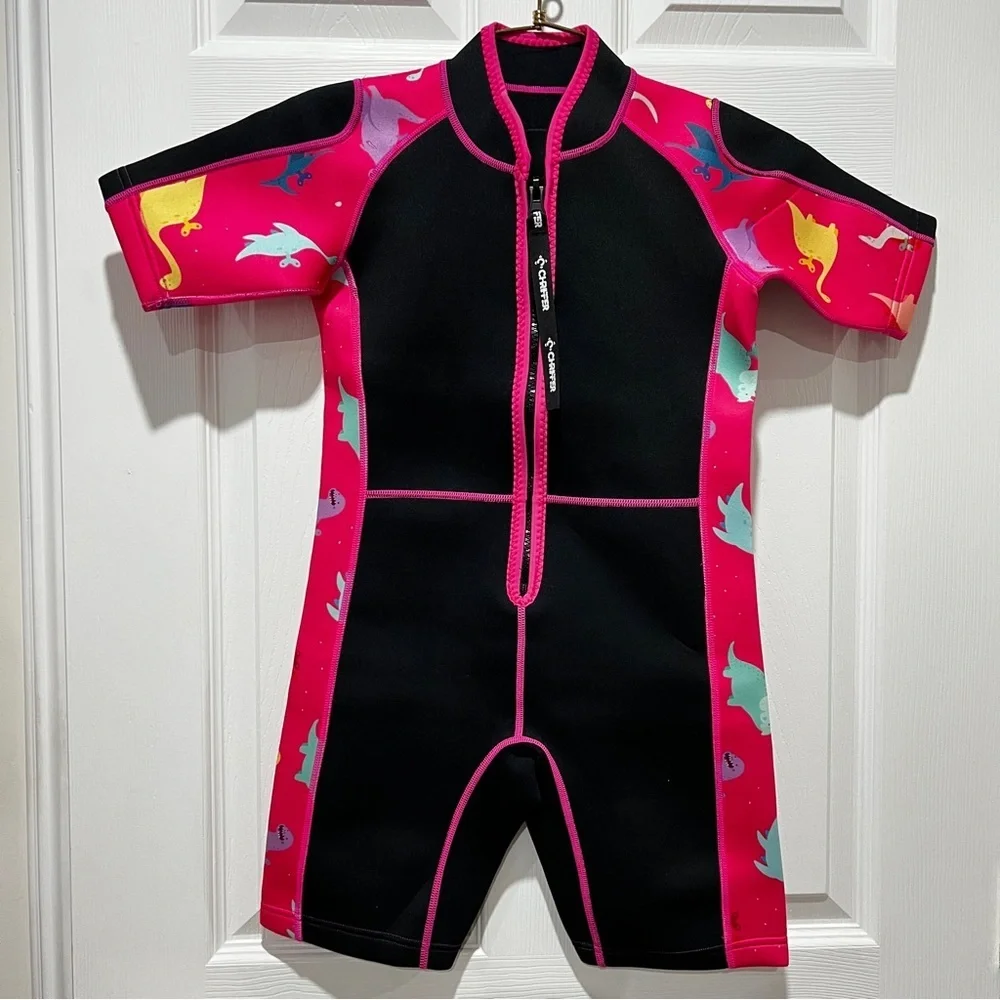 Chriffer Kids Wetsuit Size Medium Pink/Black Dino Print Details Short Sleeve